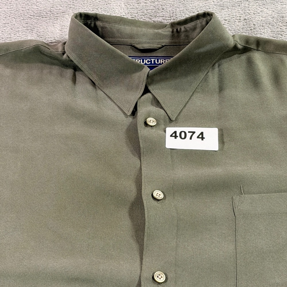 Structure Button Down Shirt Men XL Olive Green 100% Silk Short Sleeve Pocket